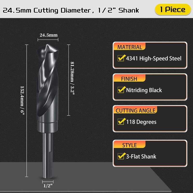 CoCud Drill Bit, 24.5mm Cutting Diameter, 1/2" Reduced Shank 3-Flat 4341 HSS Nitriding Black 118° Cutting Angle Bits - (Applications: for Plastic Wood) - Image 2